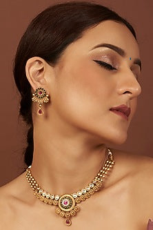 Gold Finish Synthetic Red & Green Stone Temple Necklace Set
