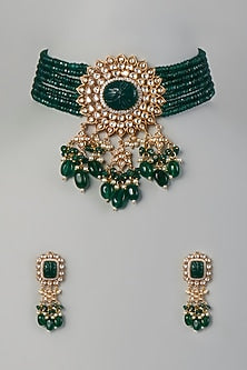 Gold Finish Green Stone & Kundan Polki Choker Necklace Set