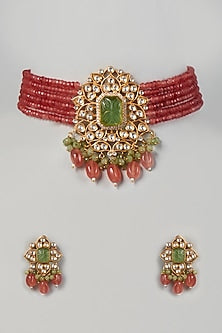 Gold Finish Kundan Polki & Green Stone Choker Necklace Set