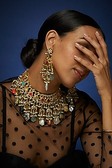 Gold Finish Kundan Polki & Multi-Colored Stone Choker Necklace Set