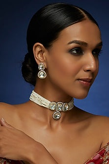 Two Tone Finish Kundan Polki & Pearl Choker Necklace Set