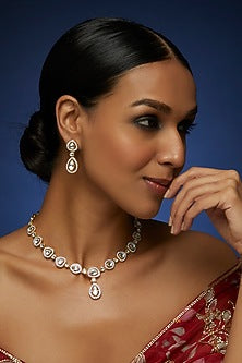Two Tone Finish Zircon & Kundan Polki Long Necklace Set