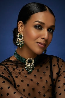 Gold Finish Pearl & Green Stone Choker Necklace Set