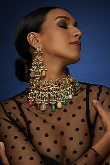 Gold Finish Multi-Colored Stone & Kundan Polki Choker Necklace Set