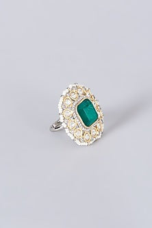 Gold Finish Kundan Polki Green Synthetic Stone Ring