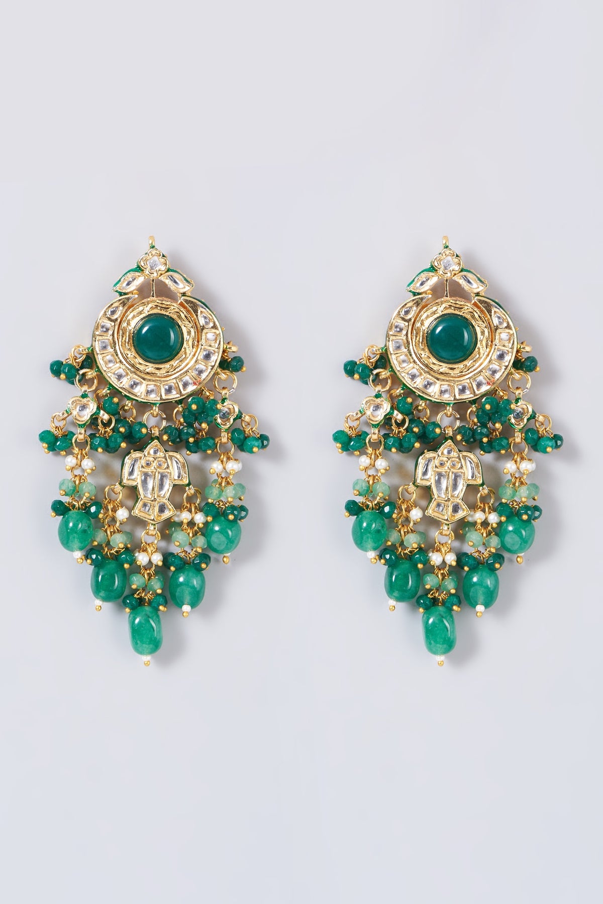 Gold Finish Kundan Polki & Green Beaded Dangler Earrings