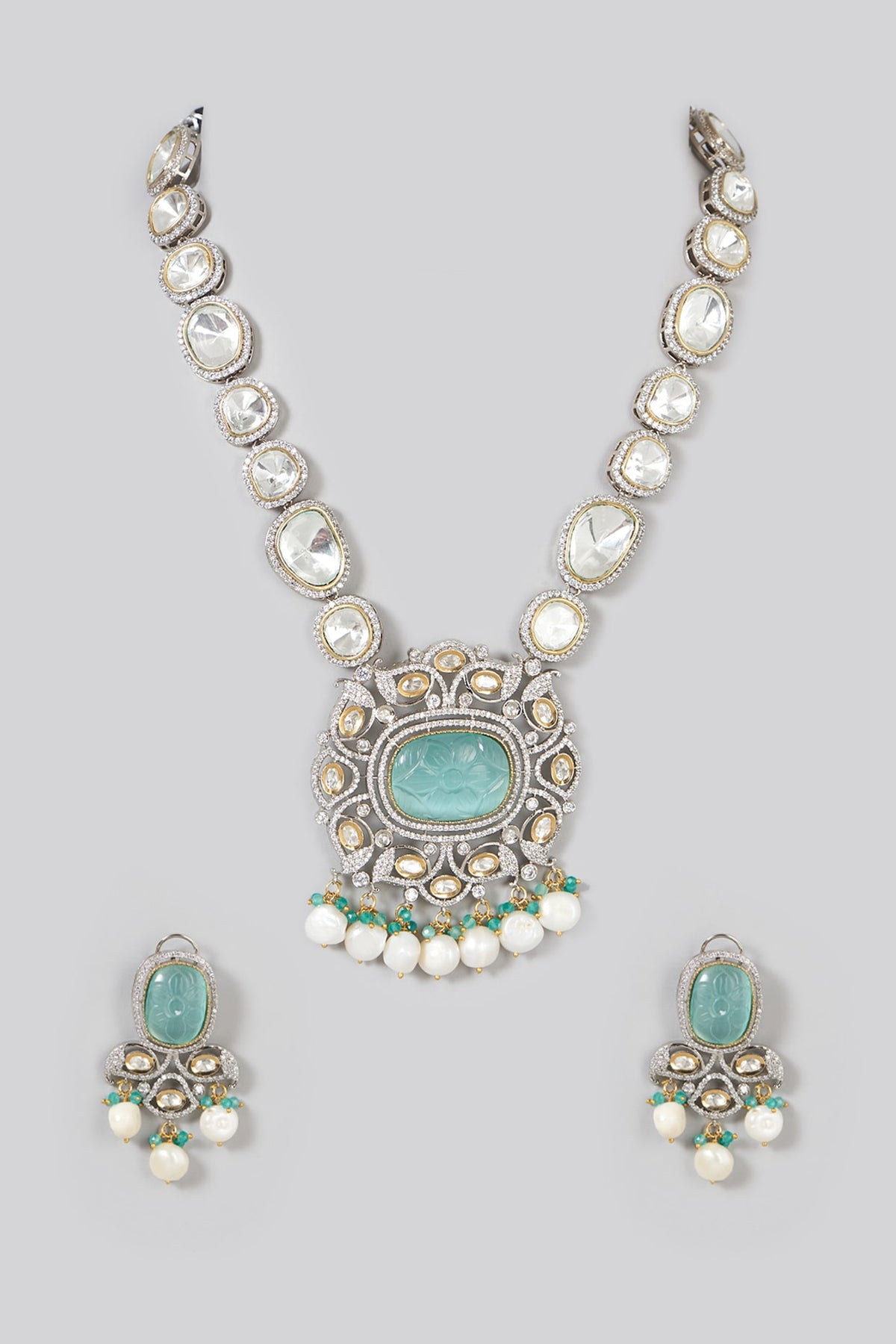 Two Tone Finish Turquoise Synthetic Stone & Pearl Long Necklace Set