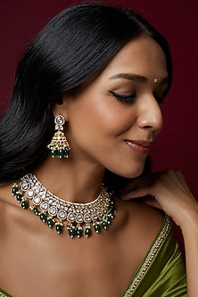 Gold Finish Kundan Polki & Green Beaded Choker Necklace Set