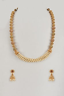 Gold Finish Multi-Colored Stone & Kundan Polki Temple Mala Set