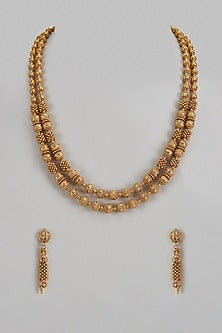 Gold Finish Multi-Colored Stone & Kundan Polki Layered Temple Mala Set