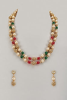 Gold Finish Multi-Colored Stone & Kundan Polki Layered Temple Mala Set