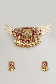 Gold Finish Multi-Colored Stone & Kundan Polki Temple Choker Necklace Set
