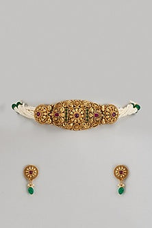 Gold Finish Multi-Colored Stone & Kundan Polki Temple Choker Necklace Set