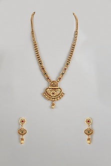 Gold Finish Multi-Colored Stone & Kundan Polki Temple Long Necklace Set
