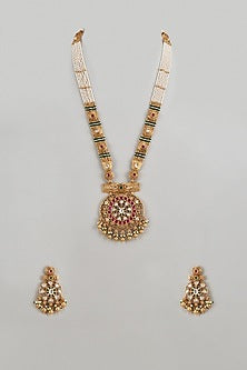 Gold Finish Multi-Colored Stone & Kundan Polki Temple Long Necklace Set