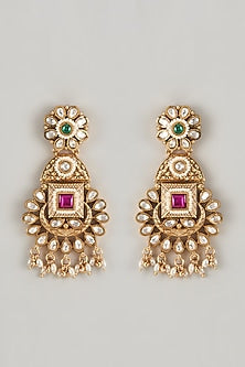Gold Finish Kundan Polki & Multi-Colored Stone Temple Dangler Earrings