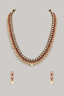 Gold Finish Red Stone Temple Mala Set