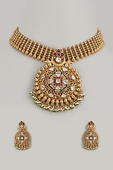 Gold Finish Kundan Polki & Multi-Colored Stone Temple Necklace Set