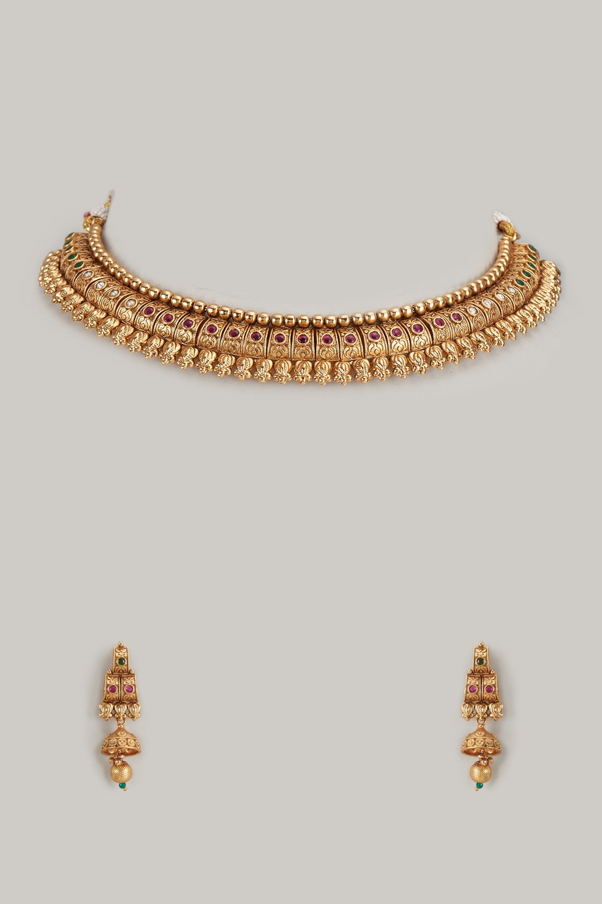 Gold Finish Red Stone Temple Necklace Set
