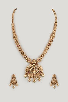Gold Finish Kundan Polki & Multi-Colored Stone Temple Long Necklace Set