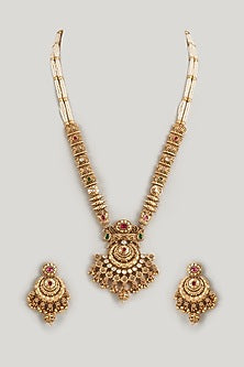 Gold Finish Kundan Polki & Multi-Colored Stone Temple Long Necklace Set