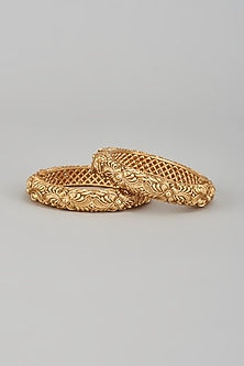 Gold Finish Kundan Polki Temple Bangles (Set of 2)