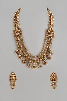 Gold Finish Multi-Colored Stone Temple Long Necklace Set