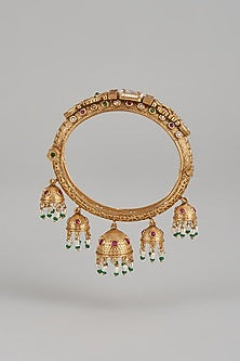 Gold Finish Kundan Polki & Multi-Colored Stone Temple Bangles (Set of 2)