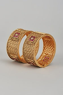 Gold Finish Kundan Polki & Multi-Colored Stone Temple Bangles (Set of 2)