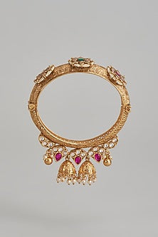 Gold Finish Kundan Polki & Multi-Colored Stone Temple Bangles (Set of 2)