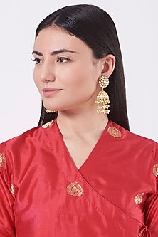 Gold Finish Kundan Polki & Pearls Jhumka Earrings
