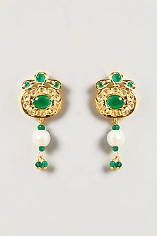 Gold Finish Kundan Polki & Green Stone Long Necklace Set