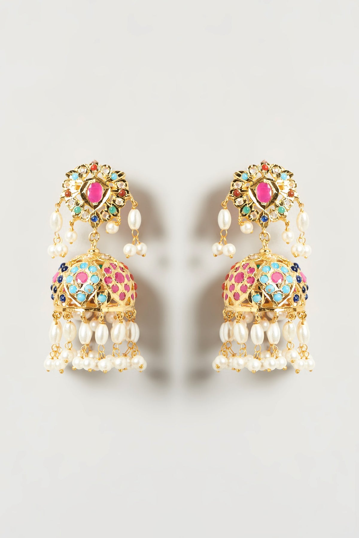 Gold Finish Kundan Polki & Beaded Jhumka Earrings