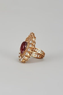 Gold Finish Kundan Polki & Red Stone Ring