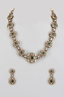 Gold Finish Kundan Polki & Green Stone Necklace Set