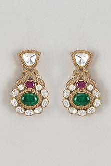 Gold Finish Kundan Polki & Green Stone Dangler Earrings
