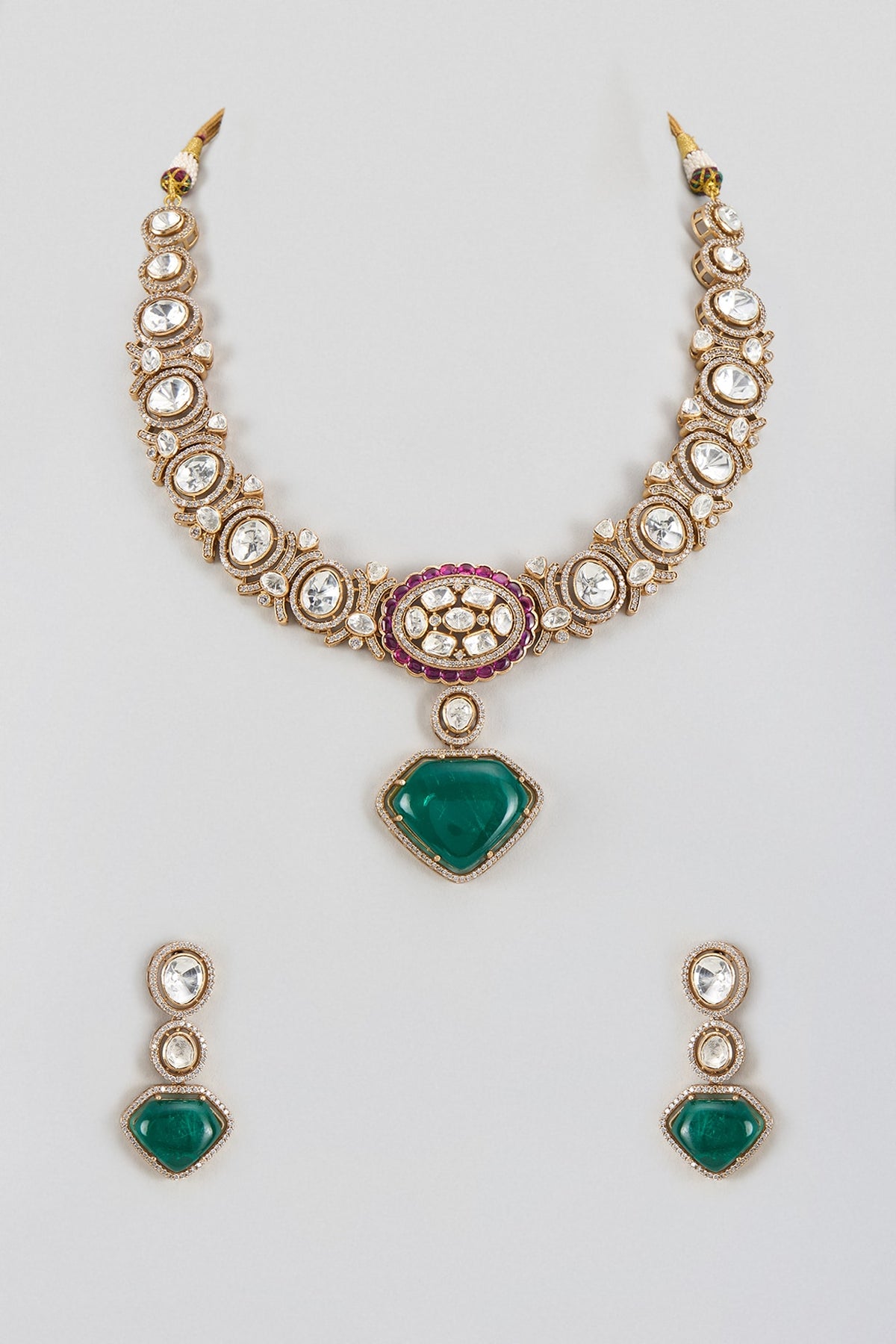 Gold Finish Kundan Polki & Green Stone Long Necklace Set