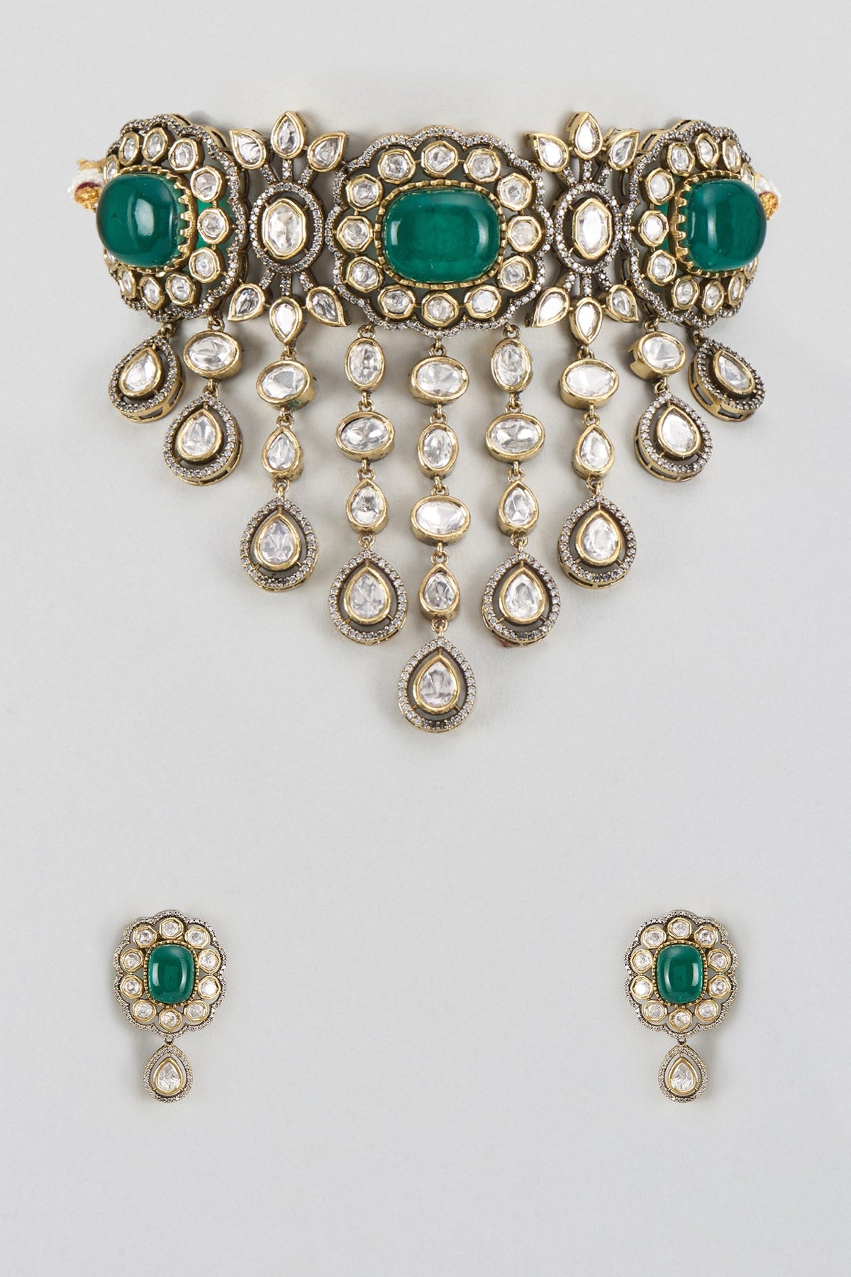Gold Finish Kundan Polki & Green Stone Choker Necklace Set