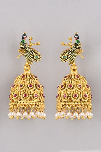 Gold Finish Pearl Peacock Jhumka Earrings