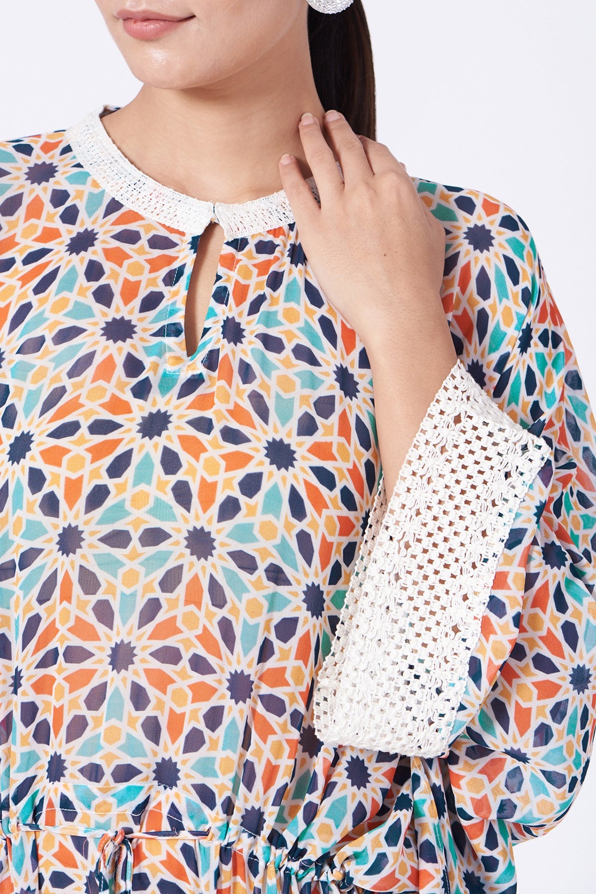 Ivory Printed Kaftan With Drawstrings