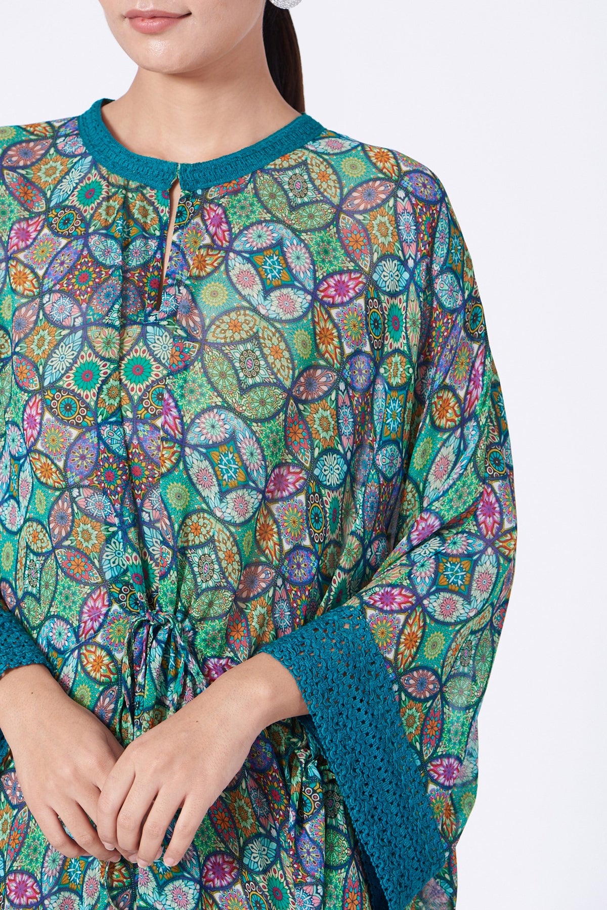 Green Printed Kaftan With Drawstrings