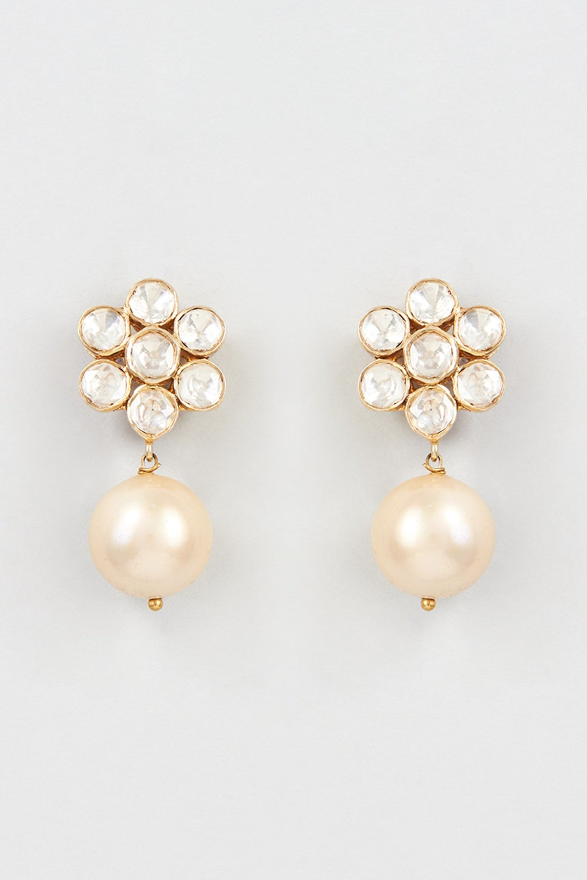 Gold Finish Mozonite Polki & Pearl Hanging Dangler Earrings In Sterling Silver