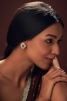 Gold Plated Mozonite Polki & Carved Tourmaline Stud Earrings In Sterling Silver