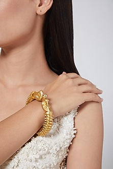 Gold Finish Kundan Polki Peacock Kada Bangle In Sterling Silver
