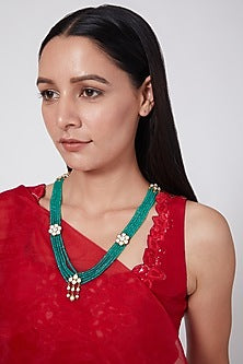 Gold Finish Green Quartz Beaded Long Necklace In Sterling Silver