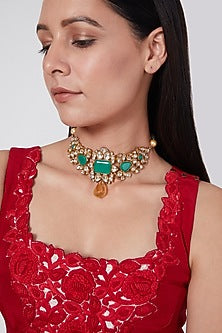 Gold Finish Kundan Polki & Jade Choker Necklace In Sterling Silver