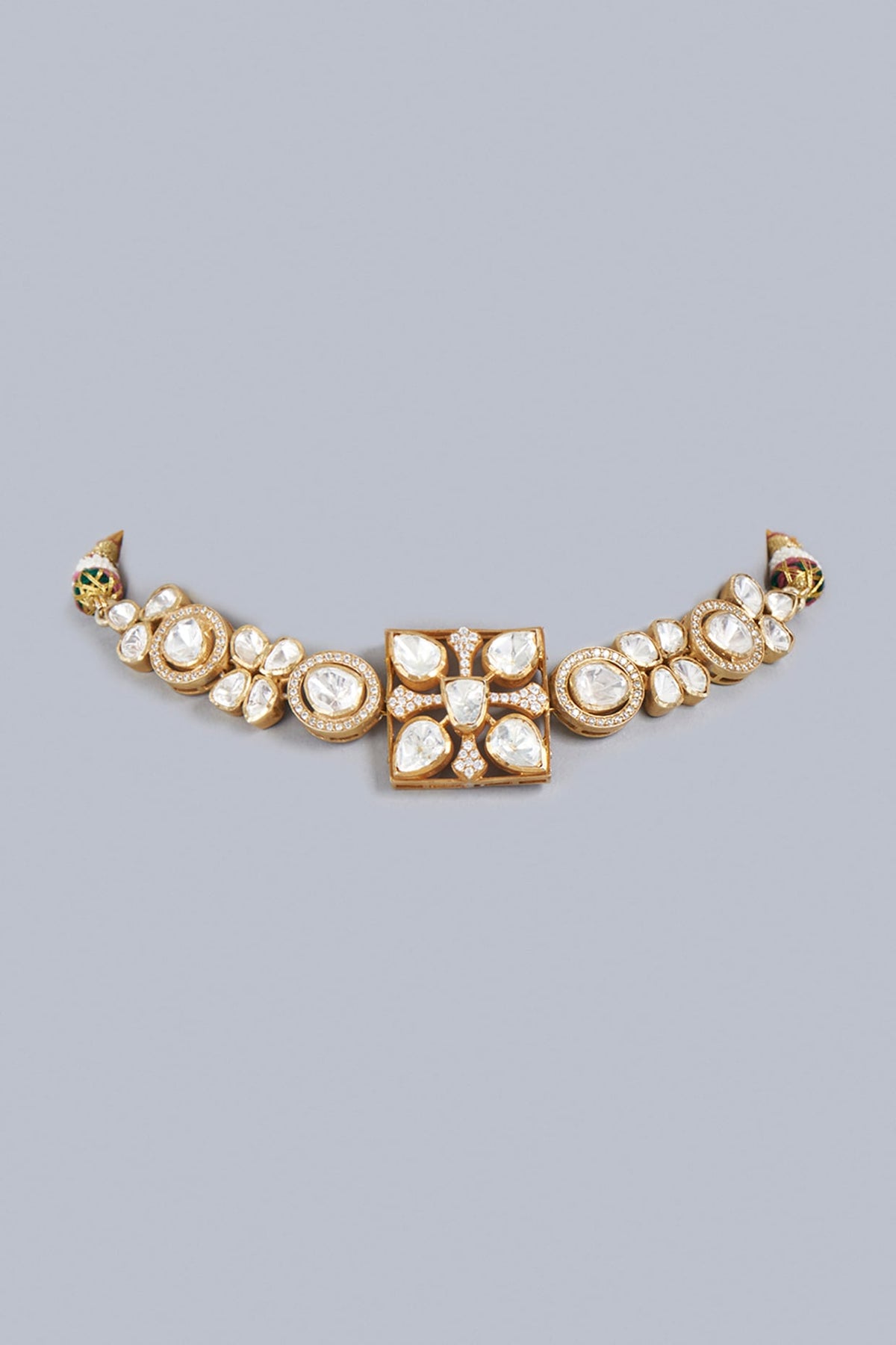 Gold Finish Moissanite Diamond Indo-Western Choker Necklace In Sterling Silver