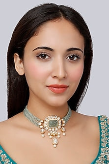 Gold Finish Kundan Polki Indo-Western Choker Necklace In Sterling Silver