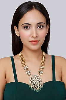 Gold Finish Kundan Polki Long Necklace In Sterling Silver