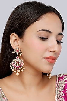 Gold Finish Kundan Polki Traditional Chandabali Earrings In Sterling Silver